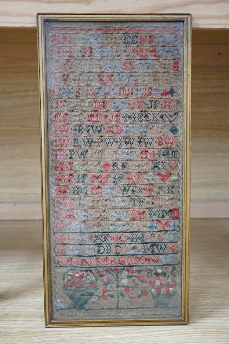 A 19th century cross stitch alphabet sampler, dated 1825 by John Ferguson. Worked in rows of letters and numerals, with a panel embroidered with a basket and vase of flowers. 43 x 19cm